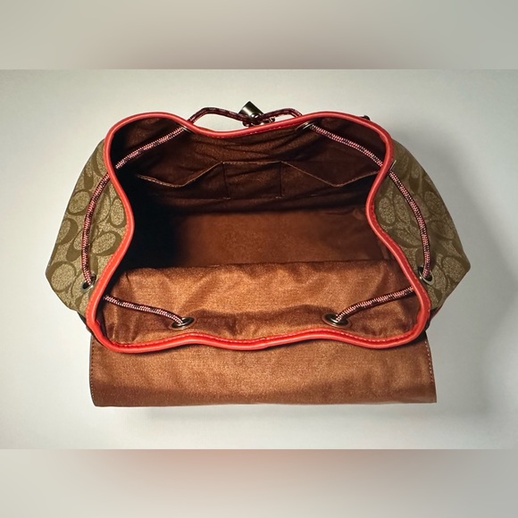 COACH TRACK COLORBLOCK SIGNATURE KHAKI CANVAS RED LEATHER LOGO STAMP BACKPACK - Picture 6 of 13